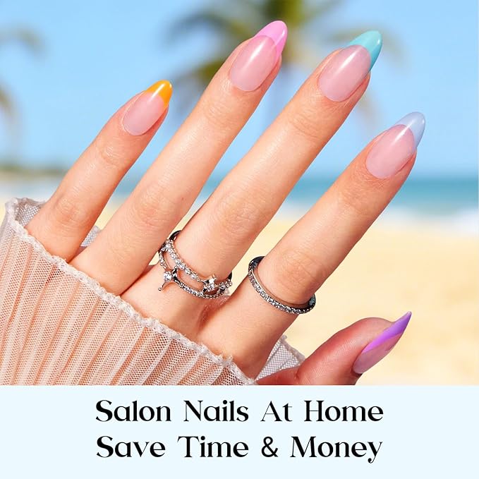 Beetles X Press Summer Nails Kit: Medium Almond French Tip Press On Nails Kit With 7 Colors 224Pcs Rainbow Nail Tips Nail Glue & Builder Top Coat Mini UV Light, All-in-One DIY Gift For Women 16 Sizes