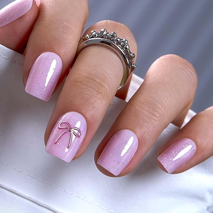 CurvLife Soft Gel Press On Nails Square, Long-Lasting Reusable Fake Nails Kit with Glue & Tabs, 30pcs Salon-Quality Stick On Nails for Women At-Home Manicure (Sparkle Bow)