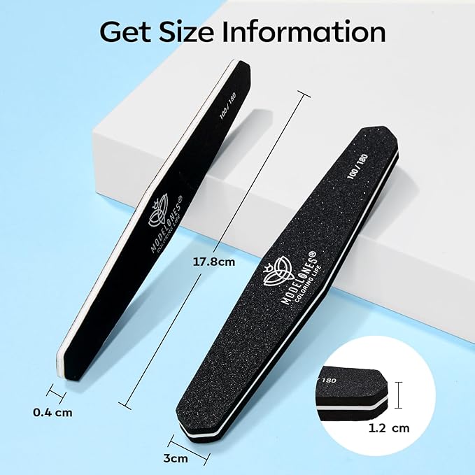 Modelones Cuticle Remover Kit Nail Files and Nail Buffers Blocks 4 PCS, Double Side Trimed & Shaped Emery Board 100/150/180 Grits 600/3000 Nail Shine Polishing Stick Black