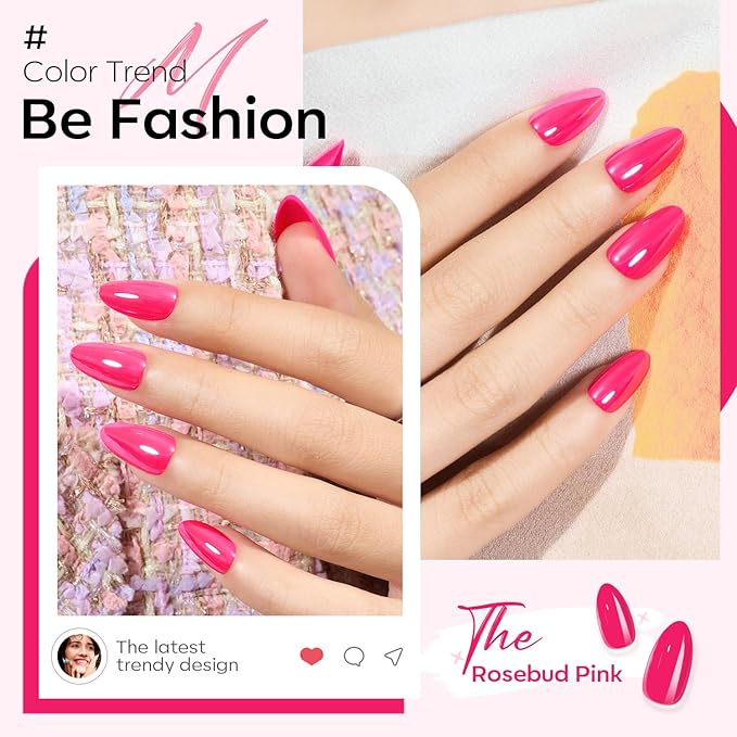Modelones Hot Pink Press on Nails Almond, Spring Short Almond Fake Nails, Reusable Nail Kit with Nail Glue Adhesive Tabs Mini Nail File, Nails Press Ons 32Pcs 16Sizes