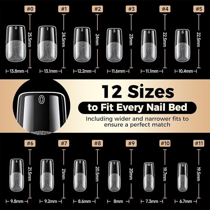 Medium Square Nail Tips: 504pcs Tri-Layer Core Square Press on Nails, 12 Sizes Pre-Etched Gel Nail Tips Clear Full Cover Fake Nails Salon Home DIY Extension for Flat & Natural Nail Beds