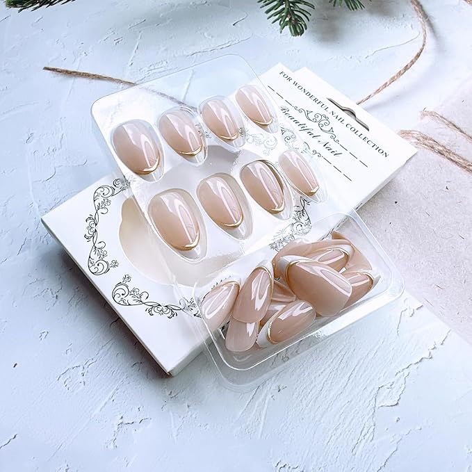 24 Pcs French Tip Press on Nails Short Almond Fake Nails with Designs Gold Stripes False Nails White French Tip Acrylic Nails Stick on Nails Full Cover Acrylic Nails for Women Girl