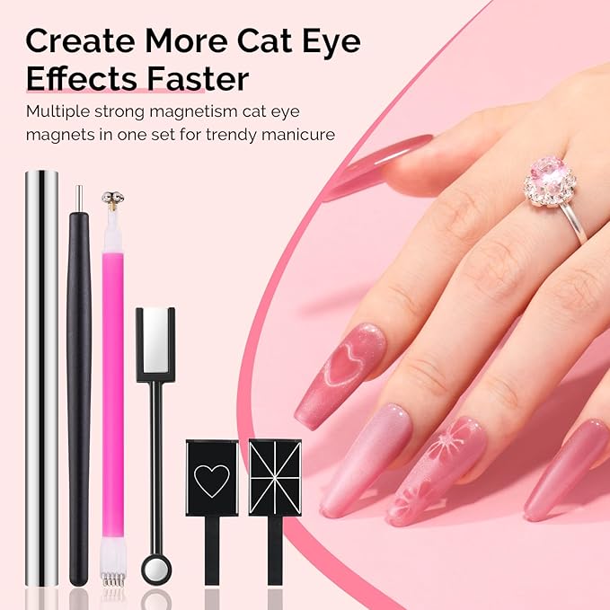 MelodySusie Nail Magnet Set, 21PCS Cat Eye Gel Nail Polish Magnets, Round Square Double Ended Magnet Stick, Cat Eye Magnet for Nails, Strong Magnetic Nail Polish Magnets Nail Design Tools