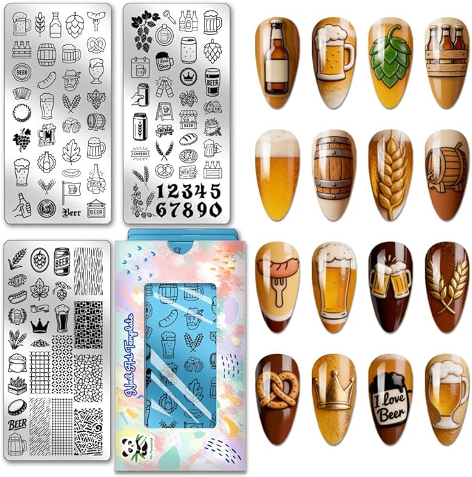PH PandaHall 3pcs Beer Nail Stamping Plates Oktoberfest Nails Art Templates Bread Malt Nails Art Stencils Numbers Textures Nails Image Plates for Women DIY Celebrations Holiday Manicure Salon Print