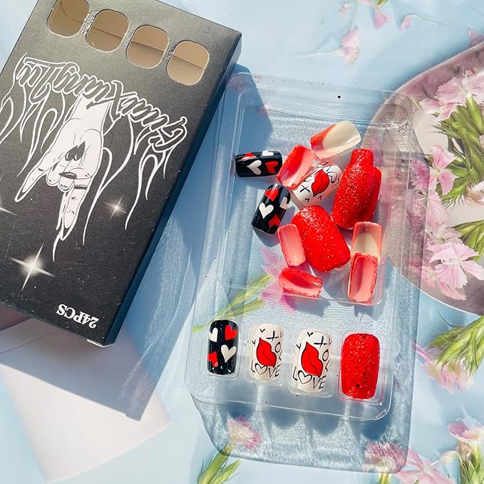 Valentine's Day Press on Nails Short Square Red Lips Red Heart Design Fake Nails Valentines Day Acrylic Nails Glossy Red French Tips Glue on Nails Artificial Full Cover Stick on Nails for Women 24Pcs