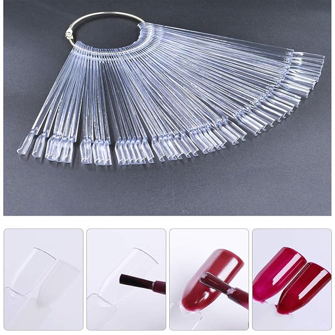 Set of 4 Total 200 Pcs Clear Nail Swatches Sticks, Transparent Fan-shaped Nail Art Tips Display Polish Board Display Practice Sticks Tool with Metal Split Ring Holder