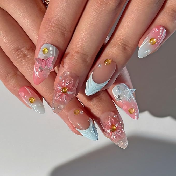 Flower Press on Nails Pink Blue Gradient Medium Almond Fake Nails with 3D Floral Butterfly Pearl Design Handmade Press on Nails French False Nail Muti-Layer Gel Acrylic Nail for Women (Size S)
