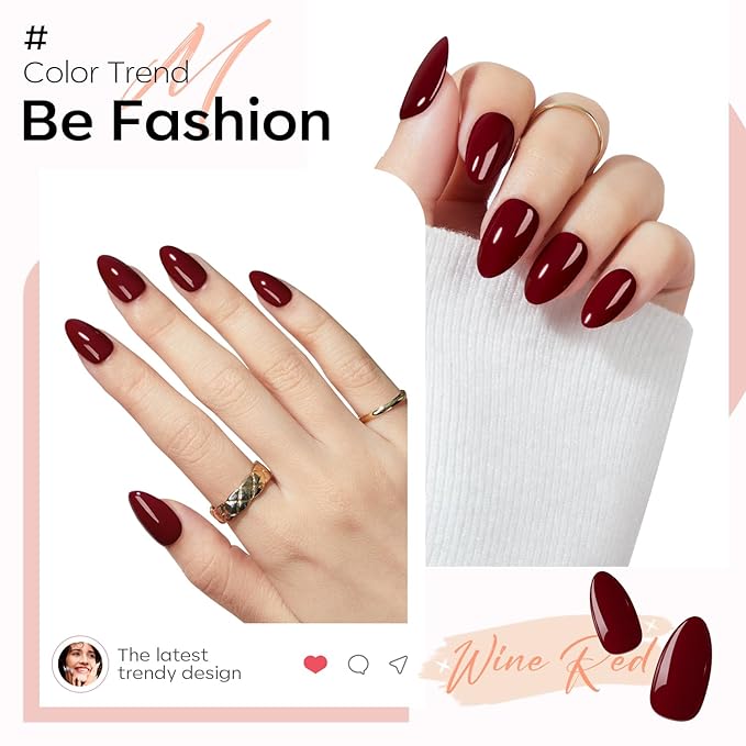 Modelones Dark Red Press on Nails Almond, Short Almond Fake Nails, Reusable Nail Kit with Nail Glue Adhesive Tabs Mini Nail File, Nails Press Ons 32Pcs16 Sizes, Women Girl Gift