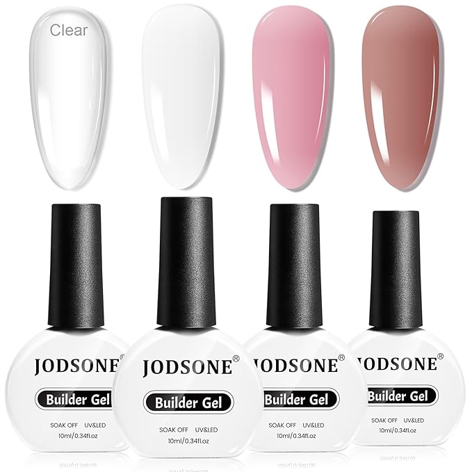 JODSONE Builder Gel for Nails,4Pcs 10ML Builder Gel Set, Nail Apex and Extension Strengthener Hard Need to Cured by Nail Lamp,Clear White Pink Brown