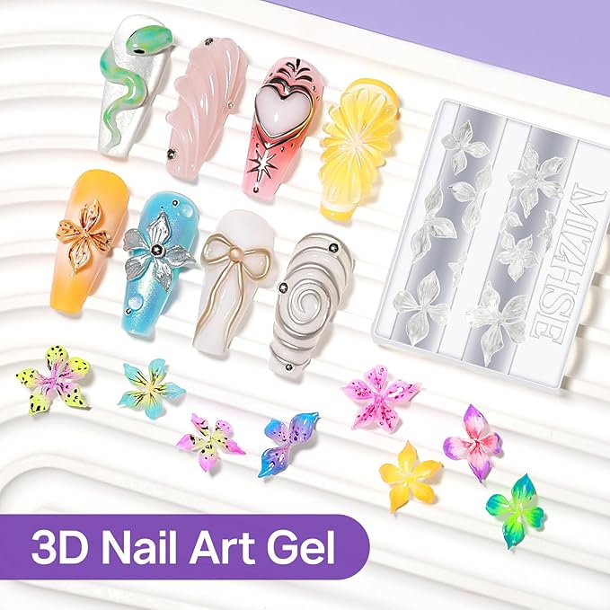 MIZHSE Solid Builder Gel for Nails, Non-Sticky Clear White 3D Nail Art, Sculpting Building Hard Gel with Silicone Flower Mold for Carving Patterns Decoration Nail Art Manicure Home DIY