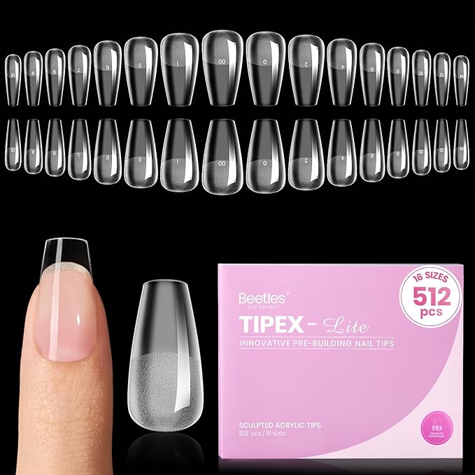 Beetles Tipex Lite Apex Nail Tips,Coffin Short, 512pcs 16 Sizes,Pre-Building Pre-Etched Acrylic Nail Tips for Flat Nails & Natural C-Curves Nail Beds
