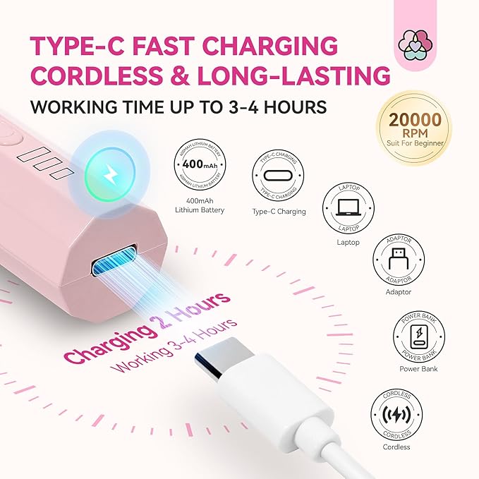 SAVILAND Cordless Nail Drill Kit: Ultra Low Noise 20000RPM Rechargeable Electric Nail File Portable Low Heat Nail Drill Machine with Complete Bits for Beginner Manicure Pedicure Home