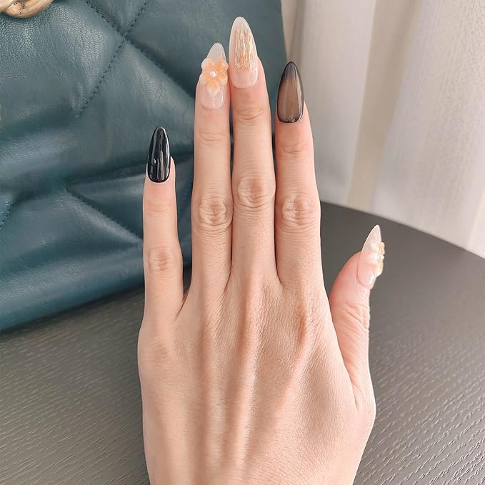 10 Medium Almond Handmade Press On Nails | Edgy Feminine Brown Cat Eye Fake Nails with 3D Floral, Gold Brushed & Black Accents | Reusable Salon Quality Nails (5U05, S)