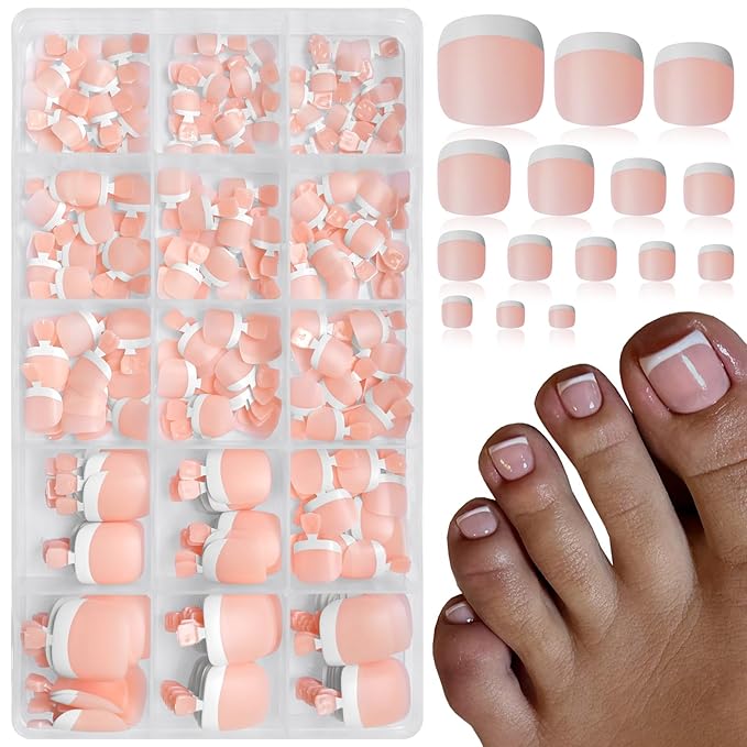 300pc French Tips Press on Toenails Women Fake Toes Nail Tips, Nude Glue on Toe Nails Press ons Fake Toenail Soft Gel False Toe Nail Feet Artificial Toe Fake Nail Tip for Acrylic Toenail Extension
