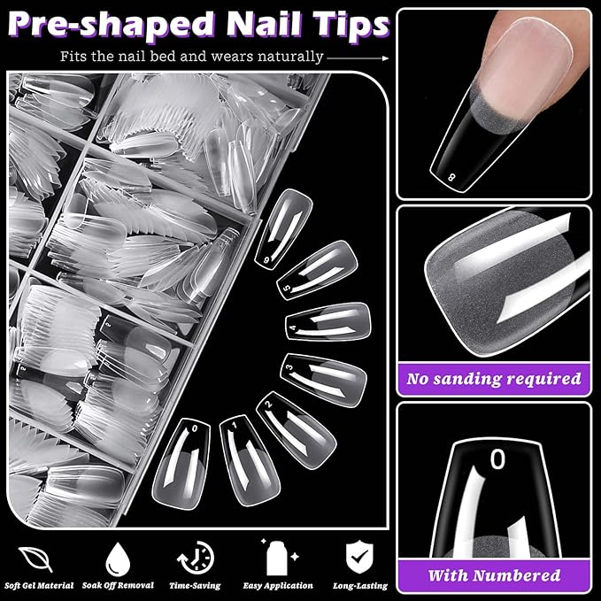 LoveOurHome 750pc Medium Coffin Nail Tips Clear Fake Nails Coffin Gel Nail Tips Full Cover Acrylic Nails Clear Press on Nail Medium False Fingernail for Gel Nail Extension,15 Sizes