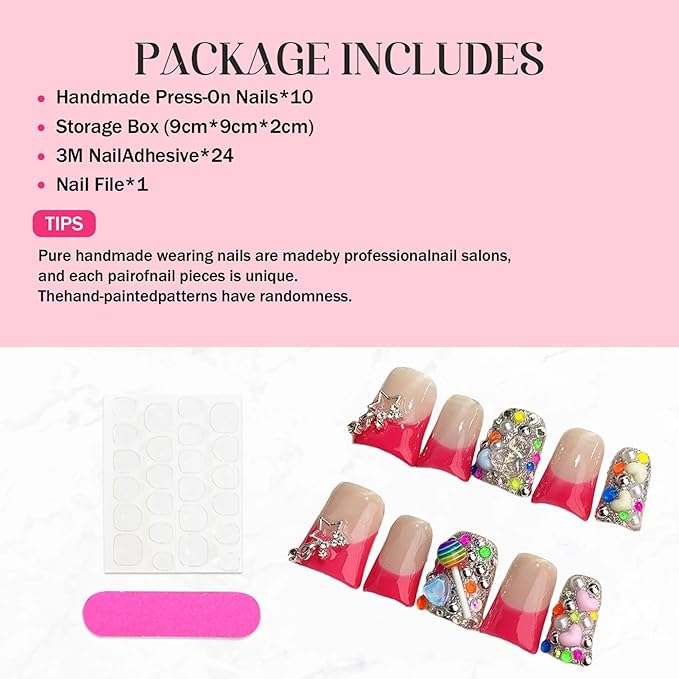 Duck Press on Nails Medium Luxury Handmade Fake Nails Red French Tip False Nails with Glue Charms Design Muti-Layer Gel Thick Press ons Nail Reusable Nail for Women 10Pcs (Size M)