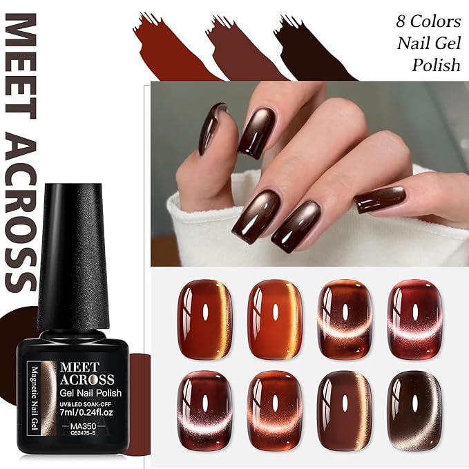 MEET ACROSS 9Pcs Glitter Cat Eye Gel Nail Polish Set Amber Brown Magnetic Cat Eye Gel Polish with Magnet, Brown Series Fall Winter Manicure Salon Gift for Women