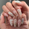 Handmade Press on Nails Medium Almond Fake Nails with Butterfly Flower Charm Design Spring Glue on Nails Water Ripple Stick on Nails Glossy Reusable Spring False Nails for Women Girls Manicure 24pcs