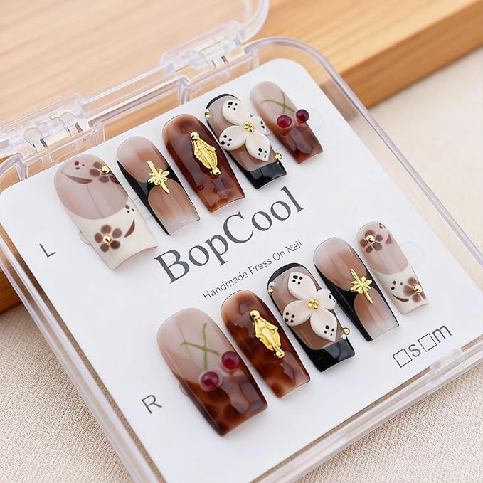 Handmade Long Square Press On Nails - 3D Flower & Cherry French Design, Reusable Acrylic Full Cover Nails (S-10PCS)