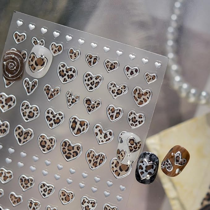 Heart Nail Stickers for Nail Art, Leopard Print Nail Decals for Valentine's Day - Retro Heart with Silver Border Design Nail Art Supplies 5D Embossed for Women Holiday Manicure Decoration Accessories