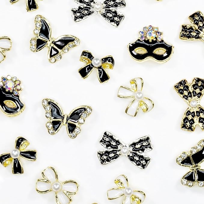36Pcs Elegant Cute Charms for Nails Bow Butterfly Mask Luxury Kawaii Black White Rhinestones Pearls 3D Alloy Gems Cute Nail Art Charms for Acrylic Nails Face DIY Crafts Tumblers Bottles Shoes
