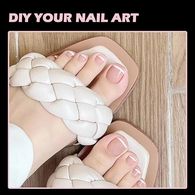 French Tip Toe Nail Tips Press on Nails, Squoval Pre-Designed False Toenail Extension, Baby Pink Pre-applied Tip Press On Toenails Full Cover Acrylic Nails for DIY 15 Sizes 300 pcs