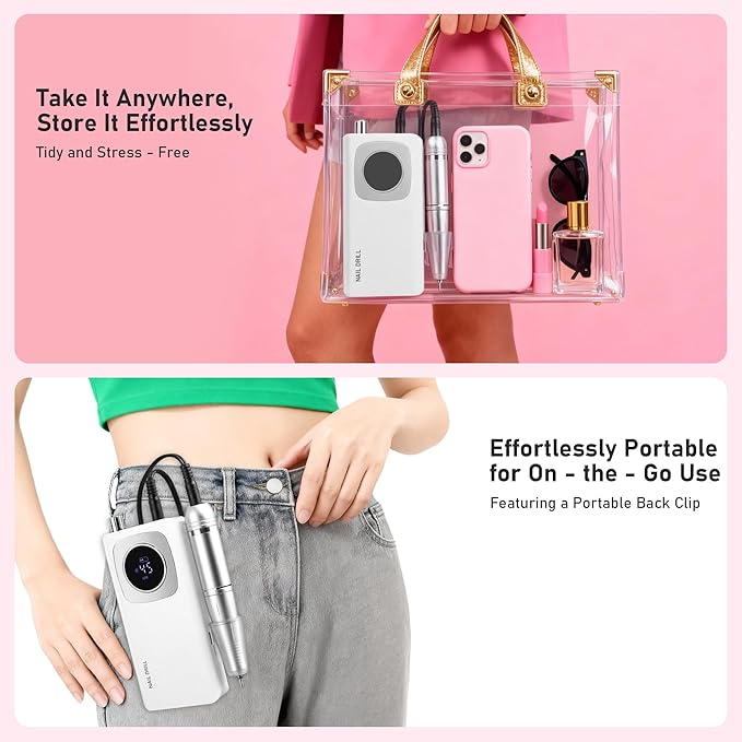 Portable Electric Nail Drill Professional 45000 RPM, Rechargeable Electric Nail File Machine Kit for Acrylic Gel Nails Polishing Removing, Quiet E-File with Bits for Manicure Salon Home