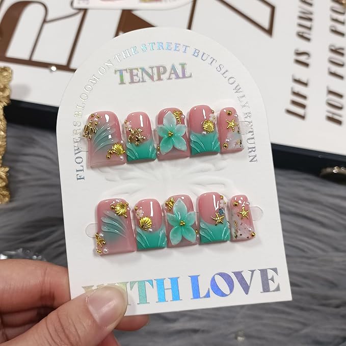 Duckbill Press on Nails - Ocean 3D Floral Teal Blushing Ombre Design | Icy Glossy Duck Fake Nails with Handmade Carving | Mermaid Y2K Style Glue on Nails for Resort Vacation(L)