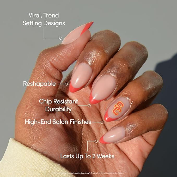 Glamnetic x Fanatics Press On Nails - USC Trojans | Short Almond Fake Nails, Collegiate Trojan Red French Tips, College Nails, Salon-Quality | 15 Sizes - 30 Nail Kit with Glue