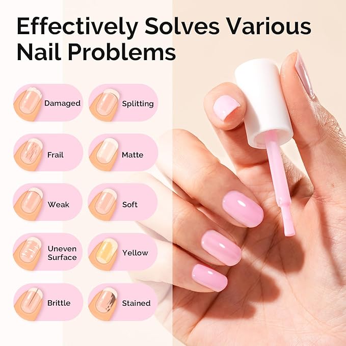 MelodySusie Nail Strengthener and Growth Treatment, 2-in-1 Ridge Filling Base Coat & Glossy Concealer Polish for Damaged Nail Repair and Healthy Shine,Gifts for Women 15ml 0.5 Fl Oz Pink