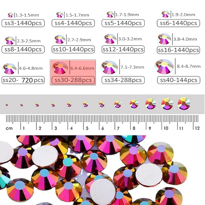 Dowarm 288 Pieces SS30 Flatback Rhinestones, 6.5MM Flatback Crystal Rhinestones for Craft, Nails, Dance Costumes, Non Hotfix (Metallic Rainbow AB)