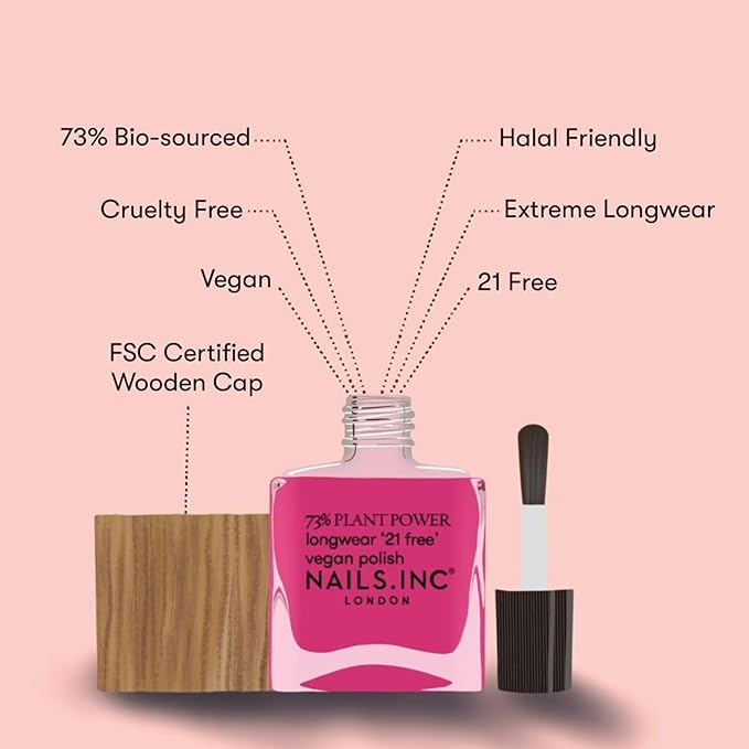 Nails Inc Plant Power Nail Polish, Time for a Reset, Warm Coral, 73% Plant-Based, Long Wearing, Quick Dry, High Shine Gel Like Finish, 21-Free, Vegan & Cruelty Free Nail Polish, 0.47 Fl Oz