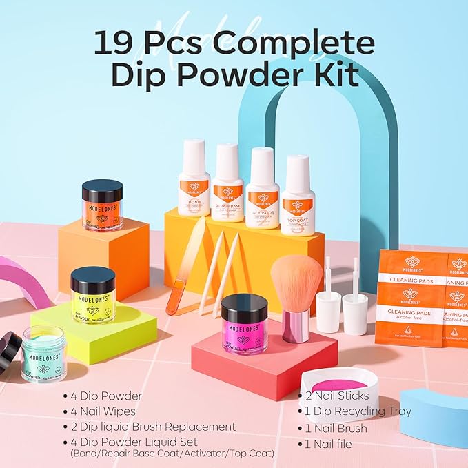 Modelones Dip Powder Nail Kit, 4 Colors Spring Summer Hot Pink Orange Yellow Blue Neon Dipping Starter Set with Liquid and Complete Accessories for French Nails Art Salon DIY at Home