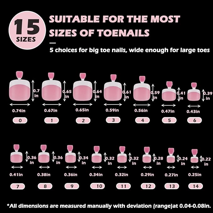 French Tip Toe Nail Tips Press on Nails, Squoval Pre-Designed False Toenail Extension, Peach Pink Pre-applied Tip Press On Toenails Full Cover Acrylic Nails for DIY 15 Sizes 300 pcs