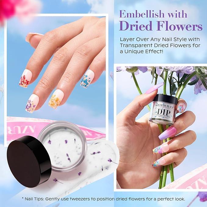 AZUREBEAUTY Dip Powder Nail Transparent Crystal Dried Flower Spring Set, Blue Purple Pink Yellow 6 Colors Natural Real Clear Dipping Powder Starter Kit Nail Art Manicure Salon, No Need Nail Lamp Cured