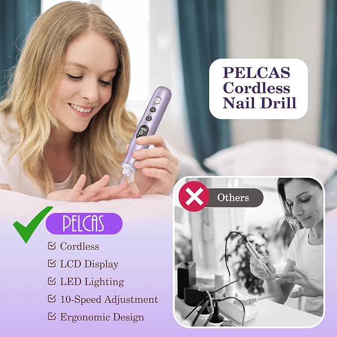 PELCAS Electric Nail Drills, 10 Speeds Cordless Nail File with LED Light, Portable Manicure & Pedicure Kit, Nail Grinder with LCD Screen for Human, Pet, Thick Toenails, Natural & Acrylic Nails Purple