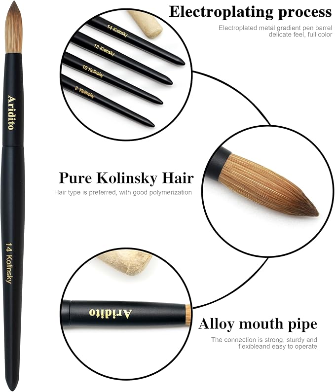 Kolinsky Round Head Acrylic Nail Art Brush Set, Black Wooden Handle, Silver Metal, Size 8 10 12 14 16 18, for Professional Manicure DIY Home Salon (16# Kolinsky)