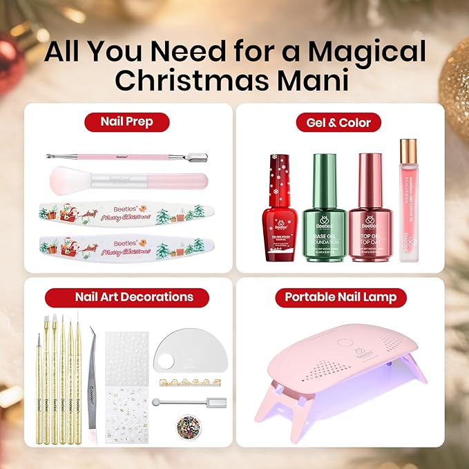 Beetles 27Pcs Gel Nail Polish Kit with U V Light -6 Colors Valentine Gel Nail Polish Set Red Jelly Cat Eye Glitter Gold Merry Glitz Set Soak Off Home Salon DIY Manicure Set Gifts for Women Teen Girls