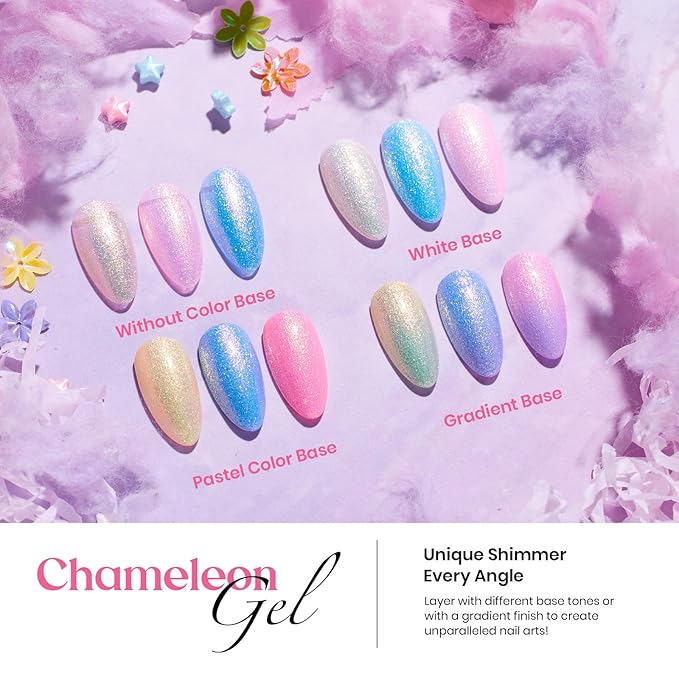 Beetles Spring Gel Nail Polish Set - 24Pcs Pink Purple Pearl Blue Shimmer Chameleon Green Colors Gel Nail Kit, 3Pcs Base Top Coat Double-ended Brush Soak off UV Nail Polish Valentines Gifts for Women