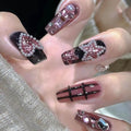 RTKHFZE Press on Nails Medium Square Fake Nails Black Full Cover Acrylic False Nails with Pearl Jewelry and Rhinestones Designs Artificial Press on Stick on Nails for Women Nail Decorations