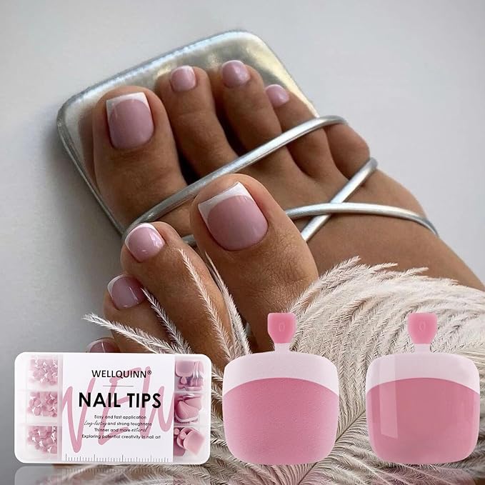 French Tip Toe Nail Tips Press on Nails, Squoval Pre-Designed False Toenail Extension, Peach Pink Pre-applied Tip Press On Toenails Full Cover Acrylic Nails for DIY 15 Sizes 300 pcs