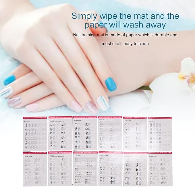 Dioche Nail Art Training Cards Practice Lines Drawing Painting Template, Nail Training Mat Stereograph, Washable Reusable Multi Nail Shapes 12 Modes Nail Art Practice Sheet for Nail