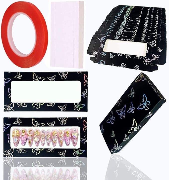71 Pcs Empty Press on Nails Packaging Box 35 Pcs White Background Papers and 1 Double Sided Tape, Empty Nail Package Box Set for Press on Nail Business (Black)…