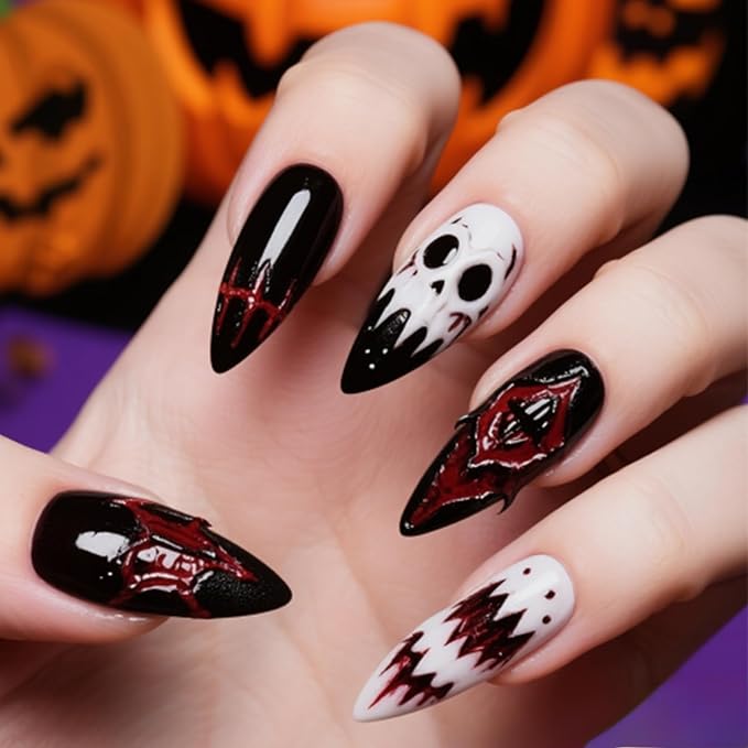 Long Stiletto Press on Nails - Halloween Fake Nails with White Skull & Demon Designs | 3D Acrylic Nail,Reusable | 12Size - 24Pcs with Jelly Glue,Halloween Decor