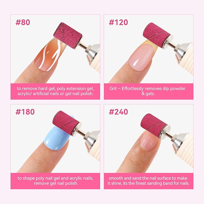Makartt Sanding Bands for Nail Drill - 100 Pcs Nail File Sanding Bands for Drill Bits #80 Medium Grits for Acrylic Nails Gel Removing and Shaping, Upgrade Thicker Durable Sanding Drill Bit, Pink