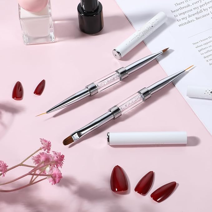 Dual-Ended Nail Art Brushes, 2 PCS Hard Gel Nail Brushes French Tip Nail Liner Brush Builder Gel Brushes Nail Drawing Brushes with Rhinestone Handle French Manicure Design Brushes for Nail Art Design