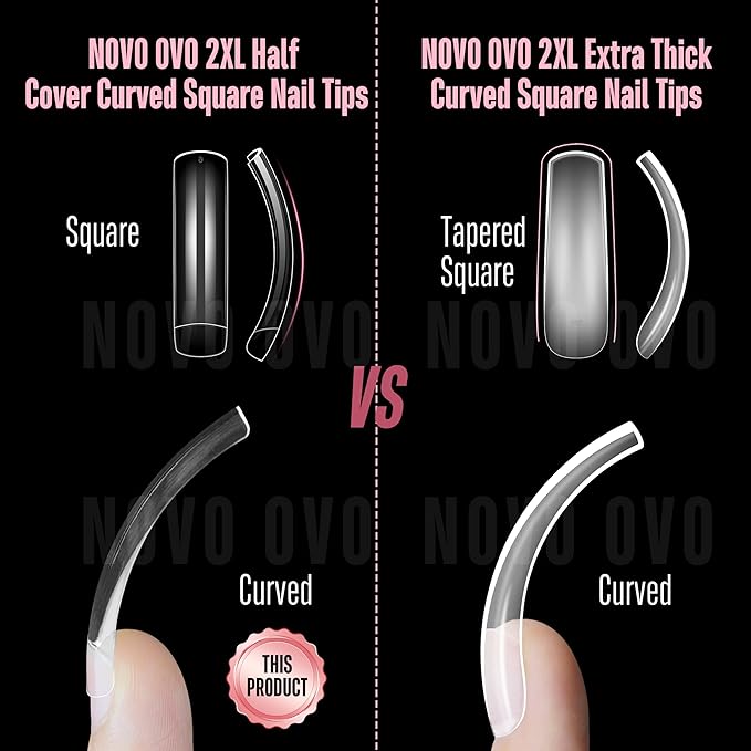 NOVO OVO Half Cover XXL Curved Nail Tips, Square Shallow Paste Soft Gel x Long L XL XXXL Hawk Curve Claw 90s' Y2K Fake Nails Extension kit, Clear Soft French False Nail for Acrylic 12 Sizes 240pc