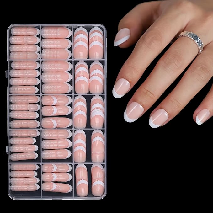 Anyos French Tip Press On Nails-300Pcs Short Oval French Gel Nail Tips,No File Need Tips Pre-Designed,Fake Nails for Nail Art DIY 15Sizes(Deep Nude)