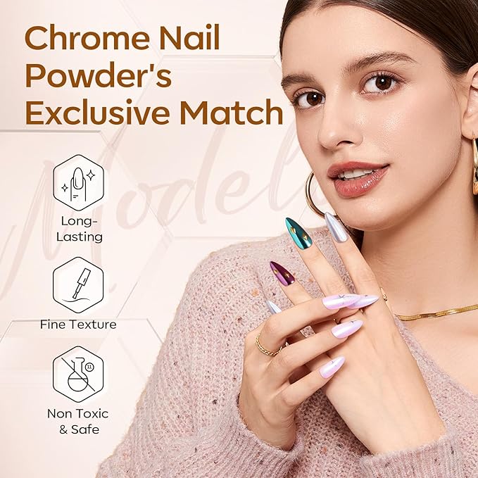 modelones Gel Top Coat for Chrome Nail Powder, Clear Mirror Gloss Metallic Finish No Wipe Gel Polish Long Lasting Soak Off Nail Lamp High Shiny for Home Salon DIY Professional Manicure Nail Art Gift