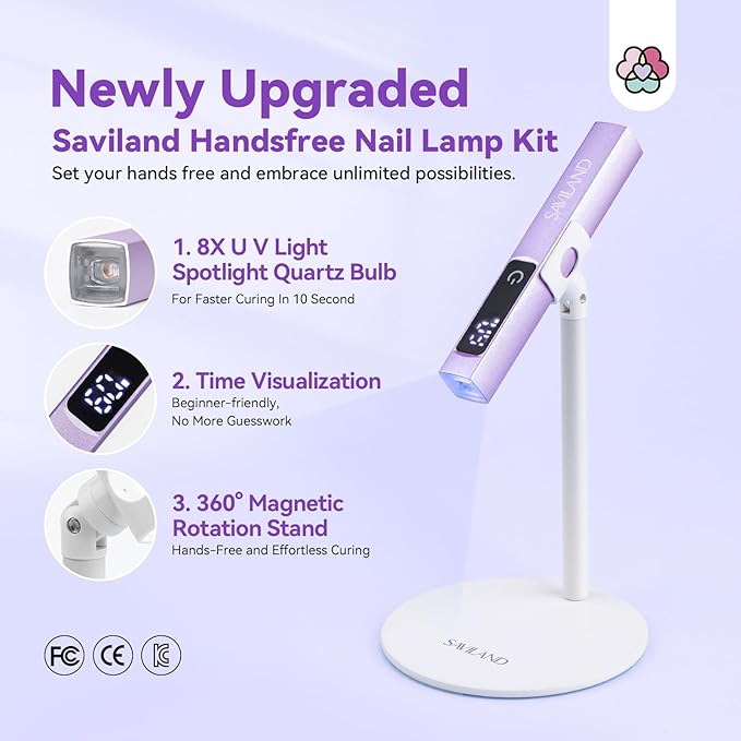 SAVILAND Handheld UV Light for Gel Nails: Magnetic Stand & 10S Flash Cure Light 3-Timer Modes Portable LED Nail Lamp Nail Dryer Cordless Gel Lamp LCD Screen Home DIY Manicure Purple
